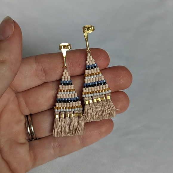 Handmade Artisan Beaded Tassel Gold Accent Dangle Post Earrings - Picture 3 of 4